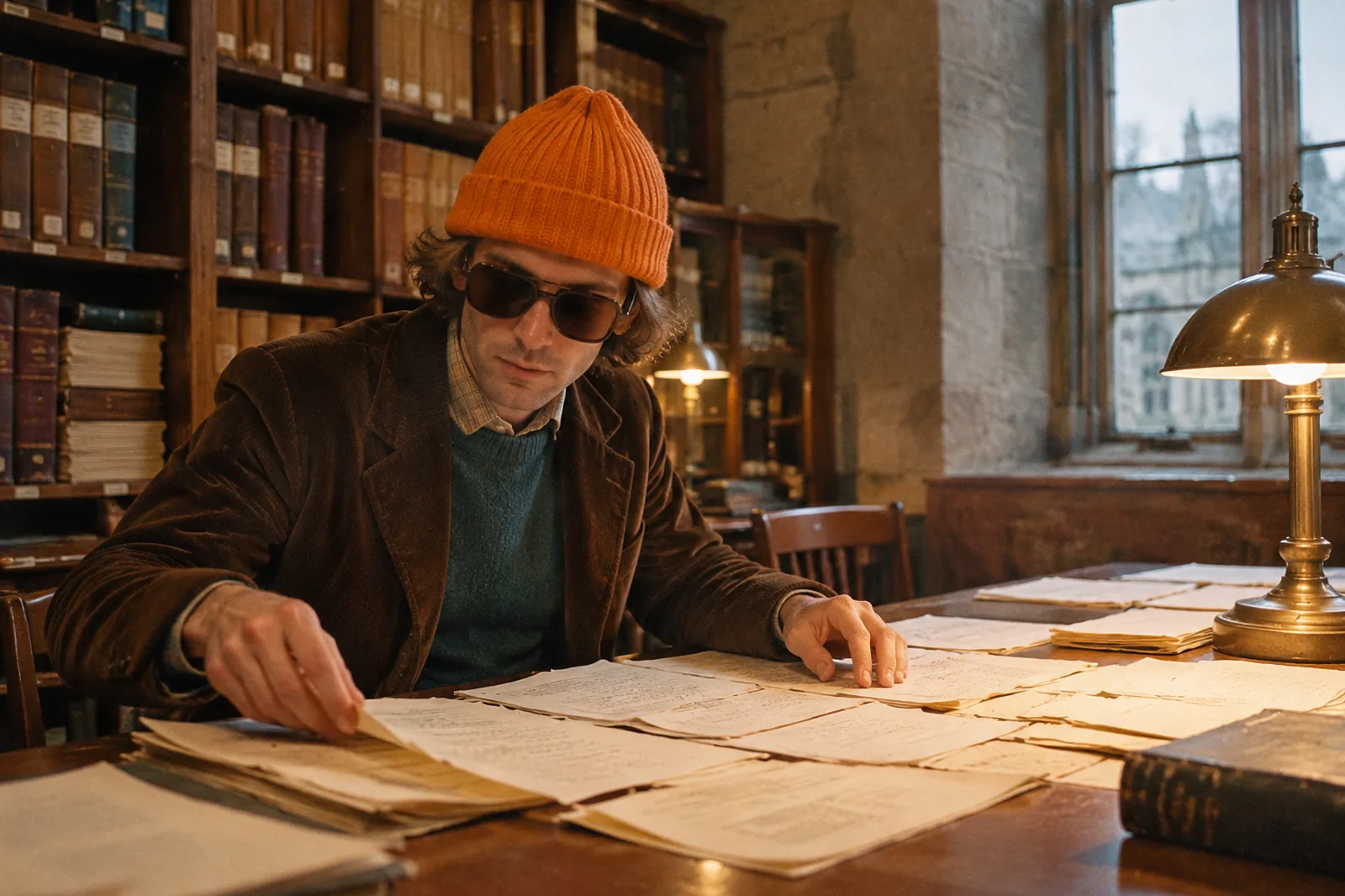 Archivraum in einem alten Gemäuer bei Hückeswagen in den 70er-Jahren: eine Person mit orangem Beanie breitet Seitenentwürfe auf einem Lesetisch aus
