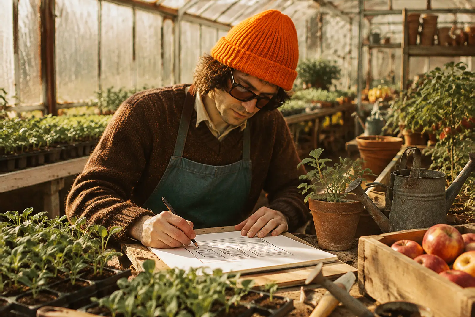 Gewächshaus einer Leichlinger Gärtnerei in den 70er-Jahren: eine Person mit orangem Beanie und Sonnenbrille zeichnet zwischen Pflanztischen einen Seitenentwurf