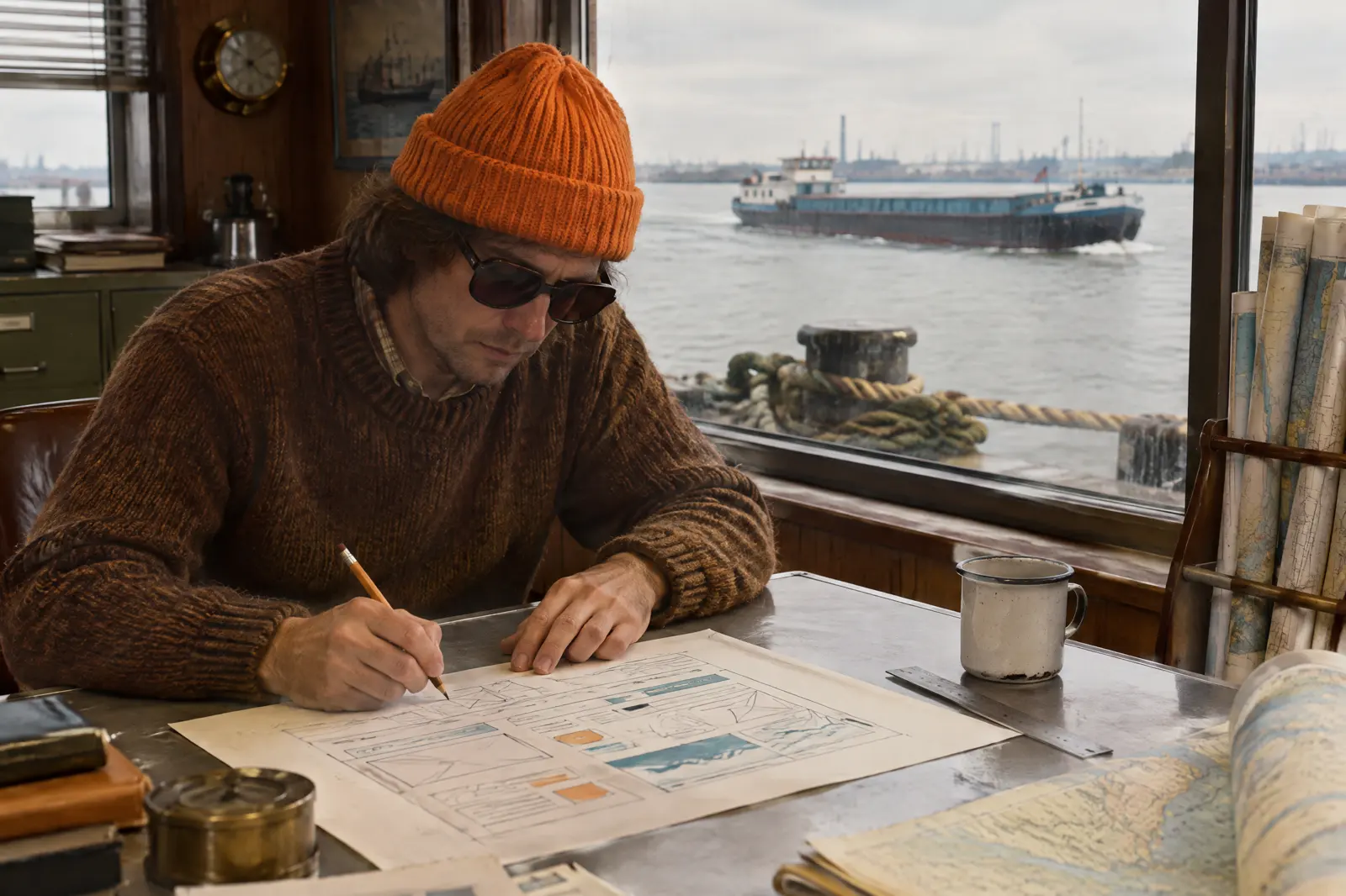 Hafenbüro am Rhein bei Monheim in den 70er-Jahren: eine Person mit orangem Beanie und Sonnenbrille plant am Fenster eine Website