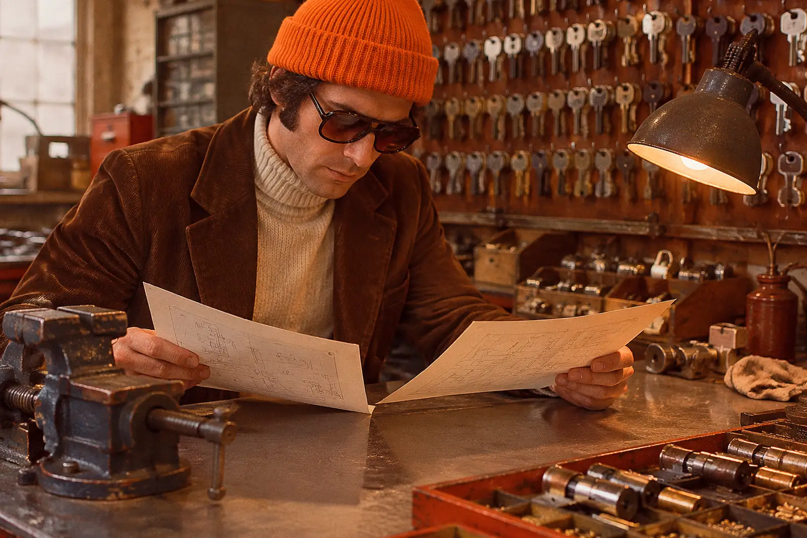 Schlosserei in Velbert in den 70er-Jahren: eine Person mit orangem Beanie und Sonnenbrille vergleicht an der Werkbank alte und neue Seitenentwürfe