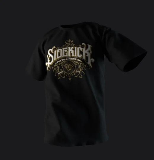 3D-Rendering eines schwarzen Sidekick-T-Shirts mit goldenem Textildruck