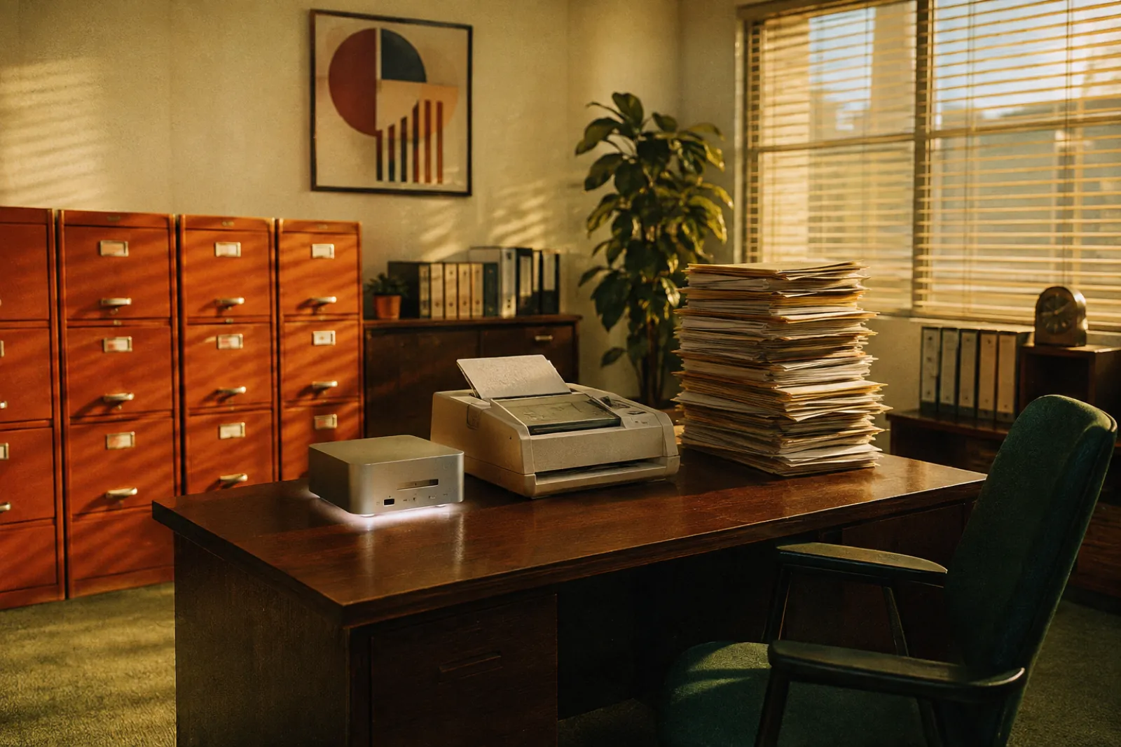 Ein 70er-Jahre-Büro mit orangen Aktenschränken, einem Papierstapel und einem kleinen modernen Rechner auf dem Schreibtisch