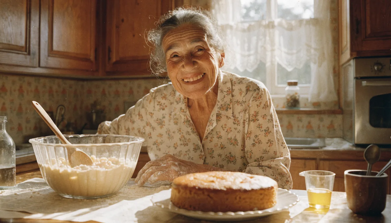 Oma backt einen Kuchen in einer 70er-Jahre-Küche und grinst in die Kamera