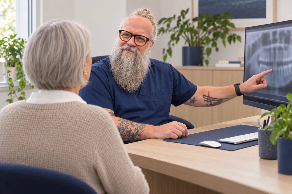 KI-generierte Darstellung: Dr. Daniel Bartel erklärt einer Patientin am Bildschirm den geplanten Zahnersatz.