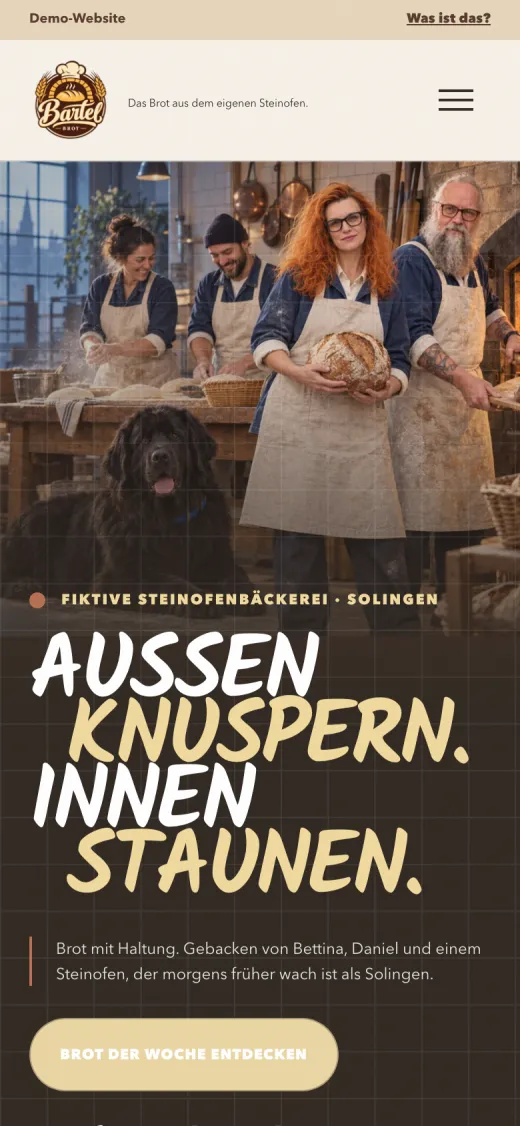 Dieselbe Demo auf dem Smartphone: Startseite mit Headline „Außen knuspern. Innen staunen.“