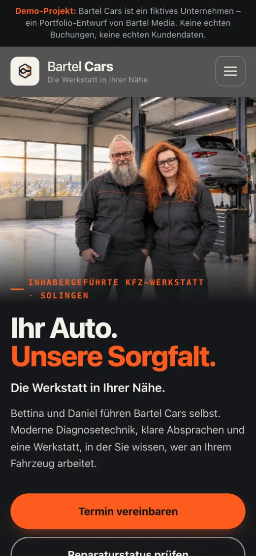Dieselbe Demo auf dem Smartphone: Startseite mit Buttons für Termin und Reparaturstatus