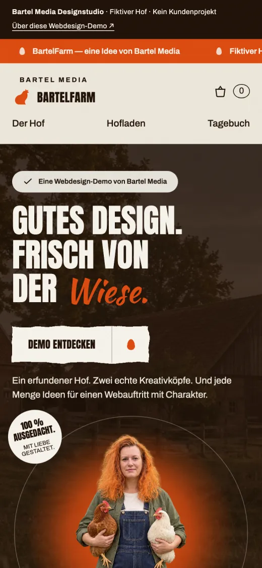 Dieselbe Demo auf dem Smartphone: Startseite mit Headline „Gutes Design. Frisch von der Wiese.“